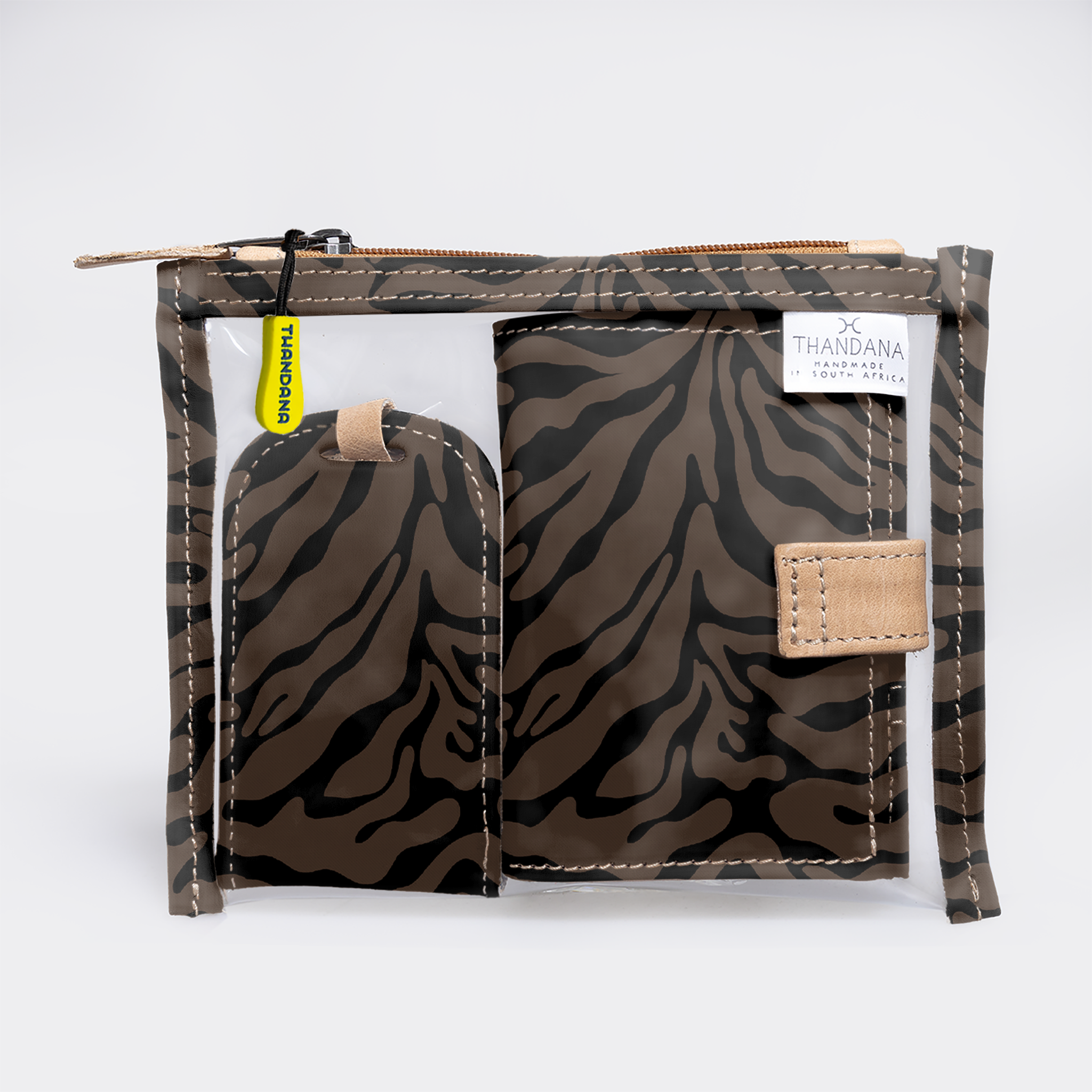 Travel Set | Laminated Fabric with Genuine Leather Nomad Stripe - Coffee Travel by Thandana