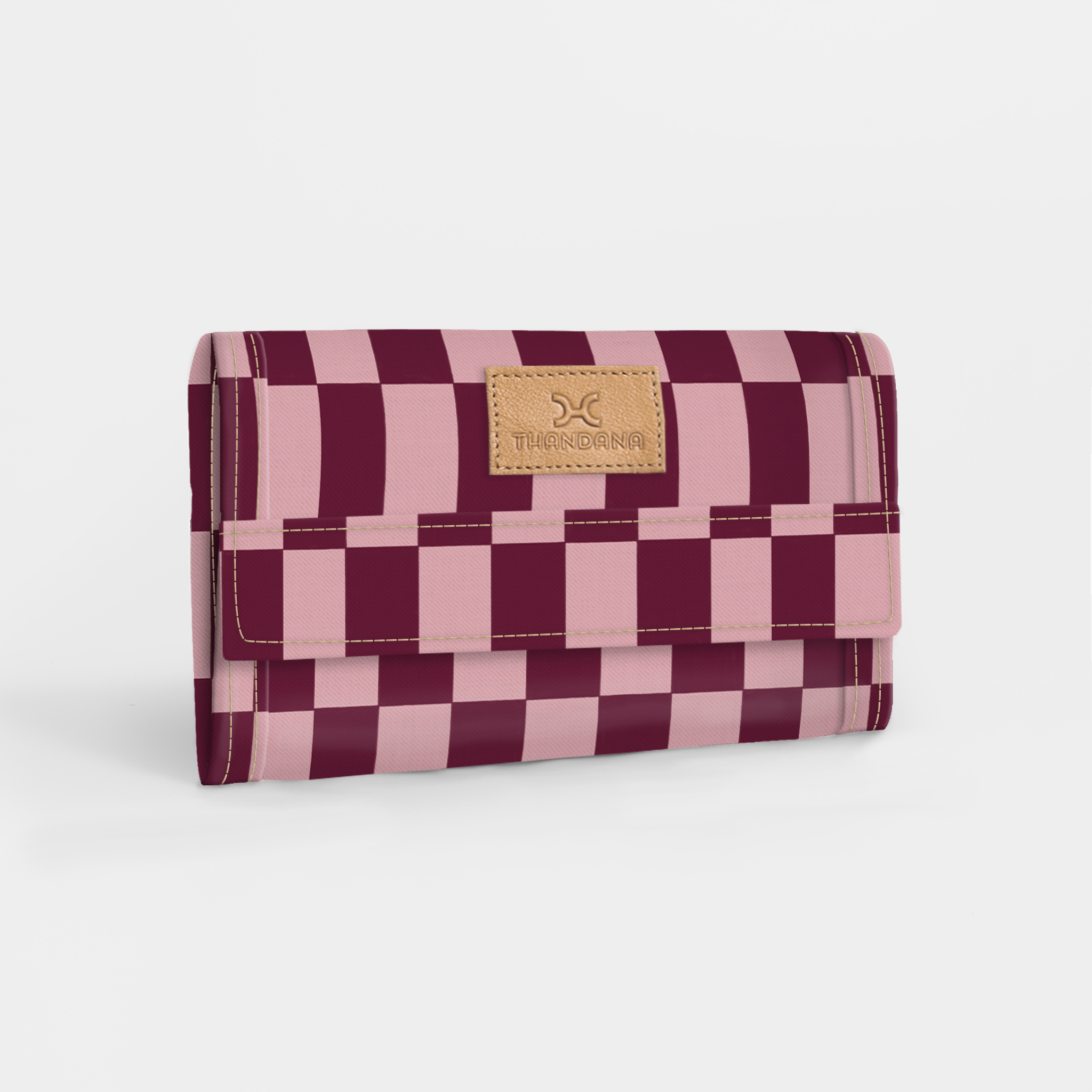 Travel Wallet | Laminated Fabric Checkmate - Cherry / Chunky Zip Travel Wallet Fabric by Thandana