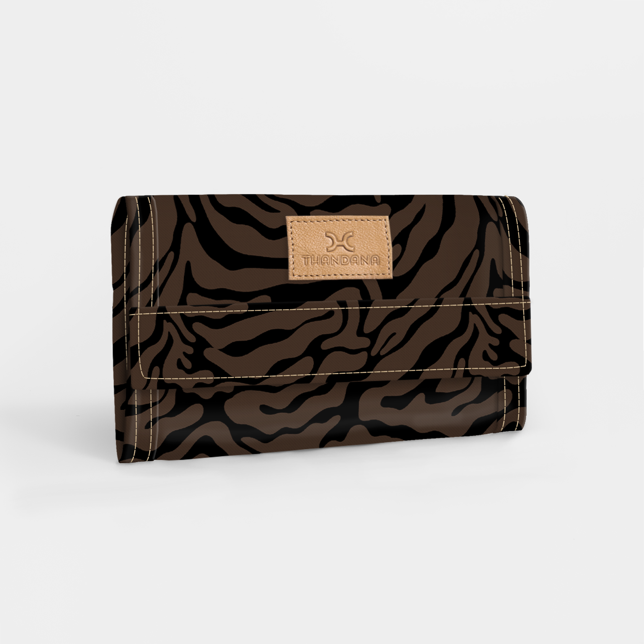 Travel Wallet | Laminated Fabric Nomad Stripe - Coffee / Chunky Zip Travel Wallet Fabric by Thandana