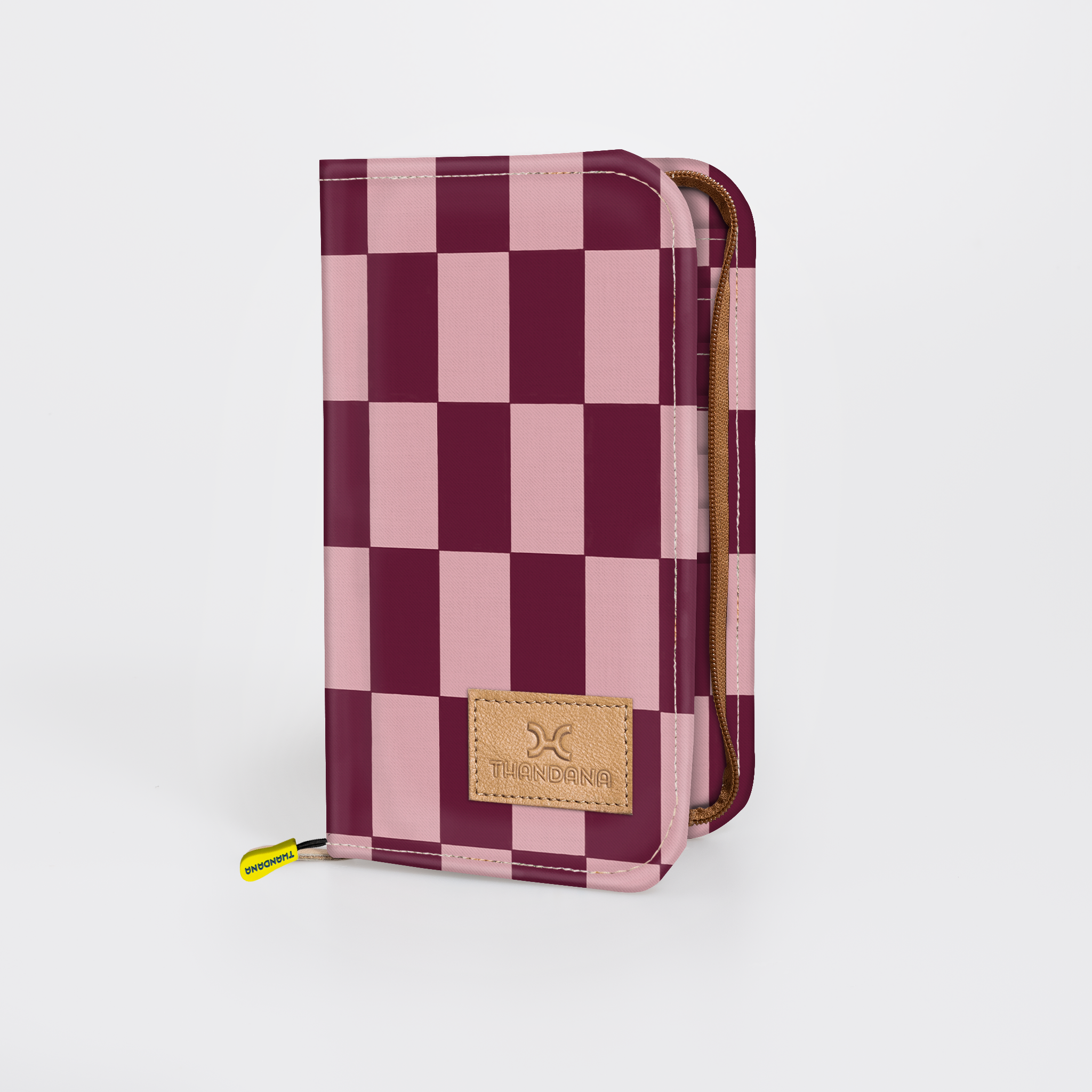 Travel Wallet Large | Laminated Fabric Checkmate - Cherry / Chunky Zip Travel Wallet Fabric by Thandana