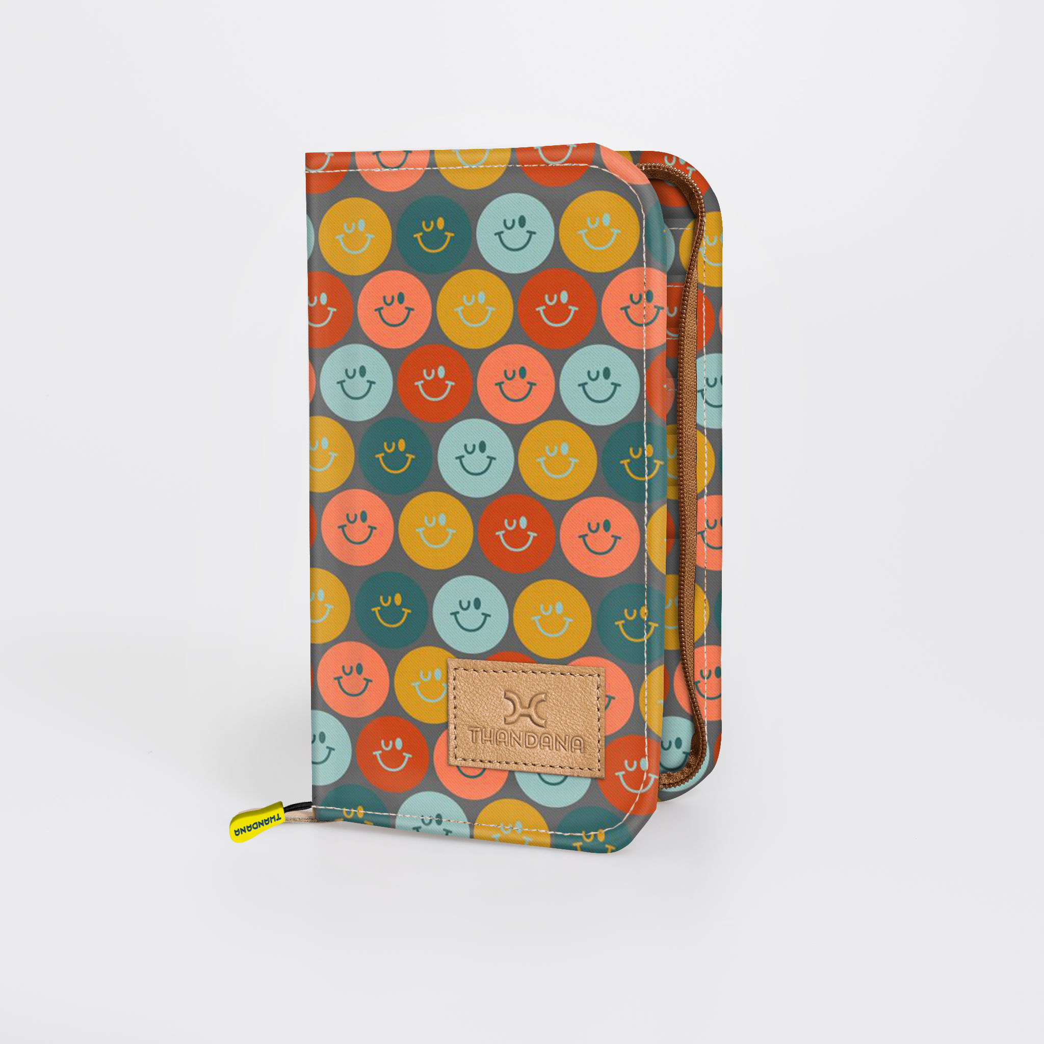 Travel Wallet Large | Laminated Fabric Smiley - Jet / Chunky Zip Travel Wallet Fabric by Thandana