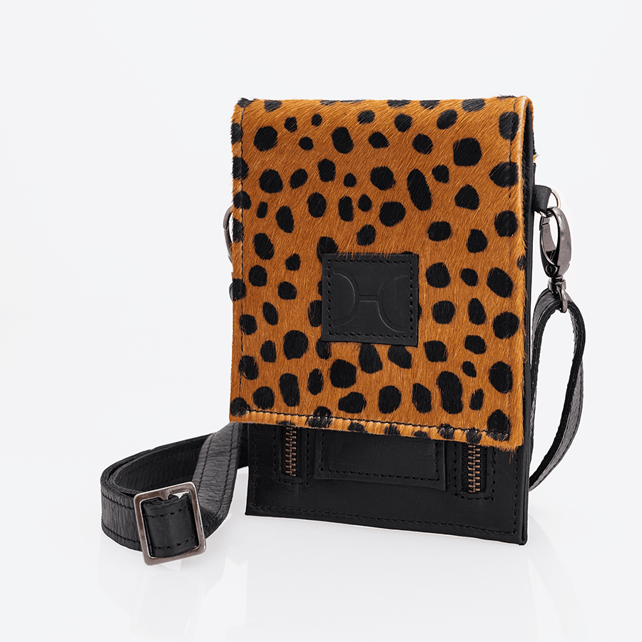 Urban Cellphone Sling | Faux Fur Genuine Leather Black Leather & Cheetah Beige / Gunmetal (default) Pouch by Thandana