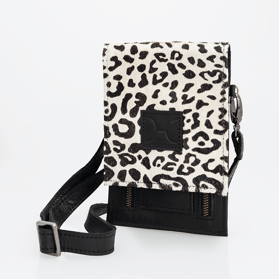Urban Cellphone Sling | Faux Fur Genuine Leather Black Leather & Wild Cat White / Gunmetal (default) Pouch by Thandana