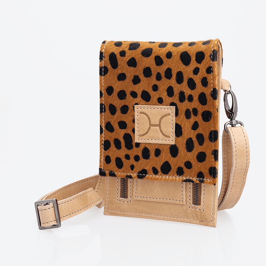 Urban Cellphone Sling | Faux Fur Genuine Leather Hazelnut Leather - Cheetah White / Gunmetal (default) Pouch by Thandana