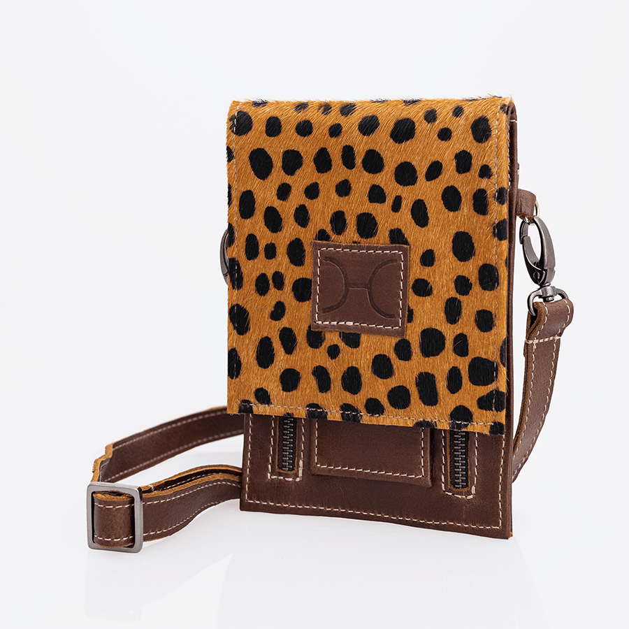 Urban Cellphone Sling | Faux Fur Genuine Leather Tobac Leather & Cheetah Beige / Gunmetal (default) Pouch by Thandana