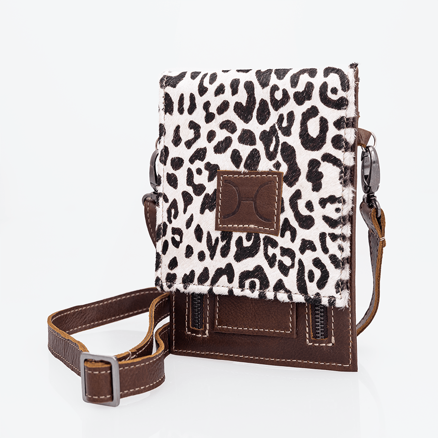 Urban Cellphone Sling | Faux Fur Genuine Leather Tobac Leather & Wild Cat White / Gunmetal (default) Pouch by Thandana