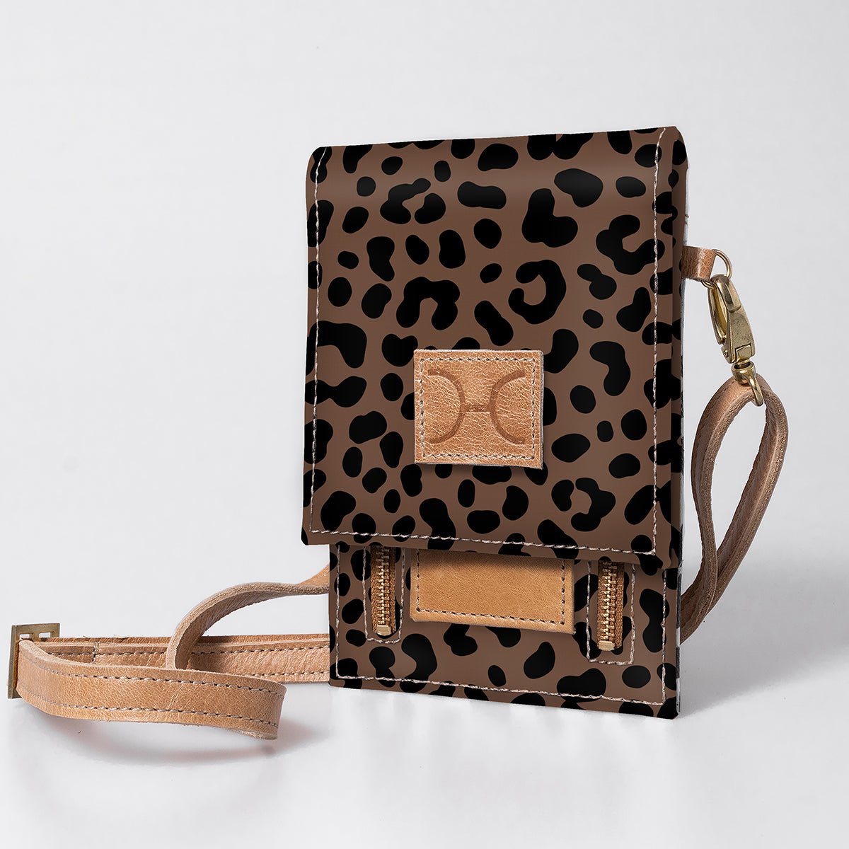 Urban Cellphone Sling | Laminated Fabric with Genuine Leather Cheetah - Coffee / Chunky Zip Ladies Large Wallet Fabric