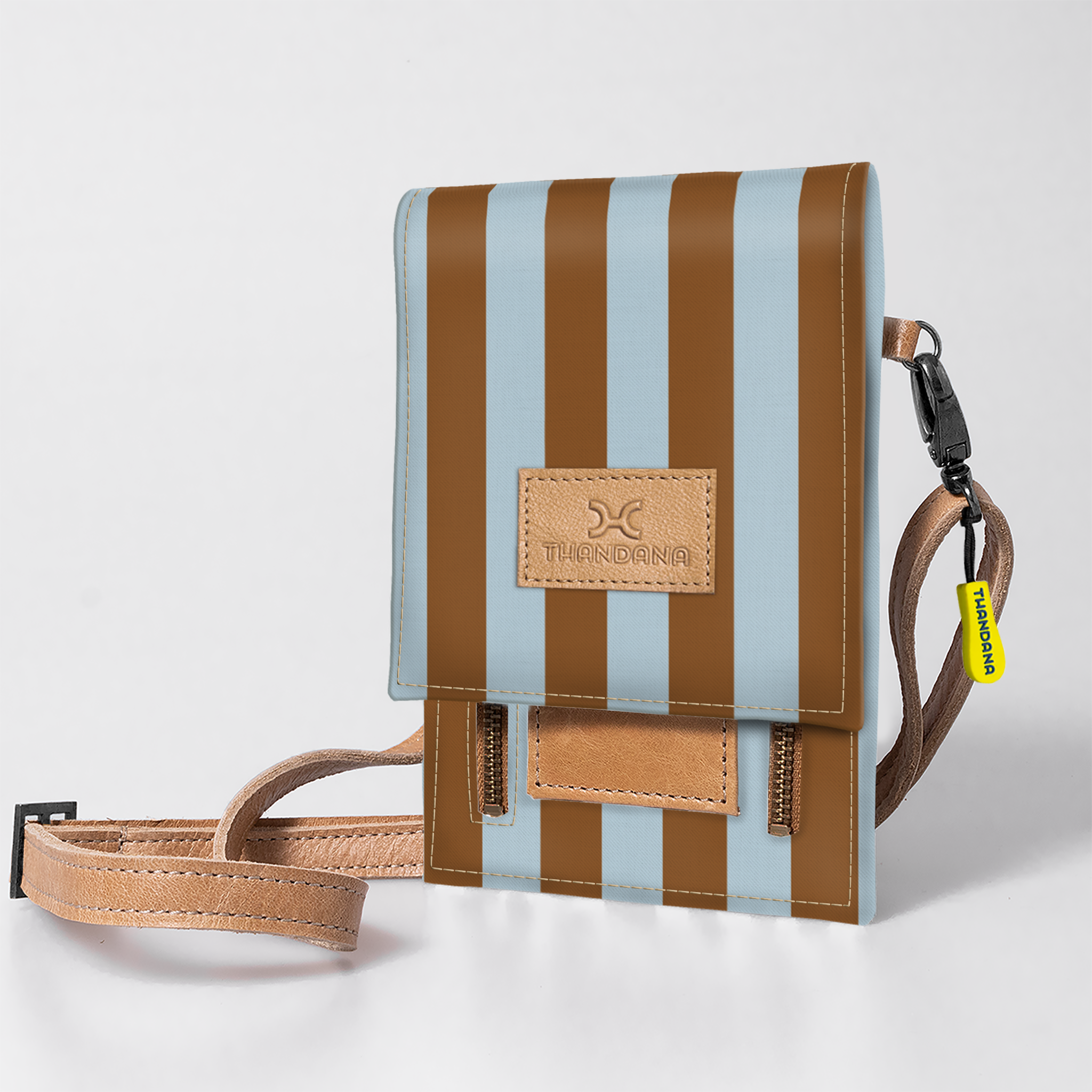 Urban Cellphone Sling | Laminated Fabric with Genuine Leather Coastal Stripe - Blue / Chunky Zip Ladies Large Wallet