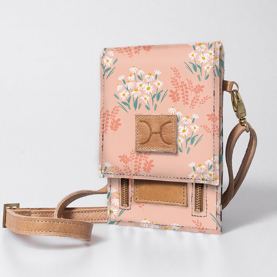 Urban Cellphone Sling | Laminated Fabric with Genuine Leather Crazy Daisy - Blush / Chunky Zip Ladies Large Wallet