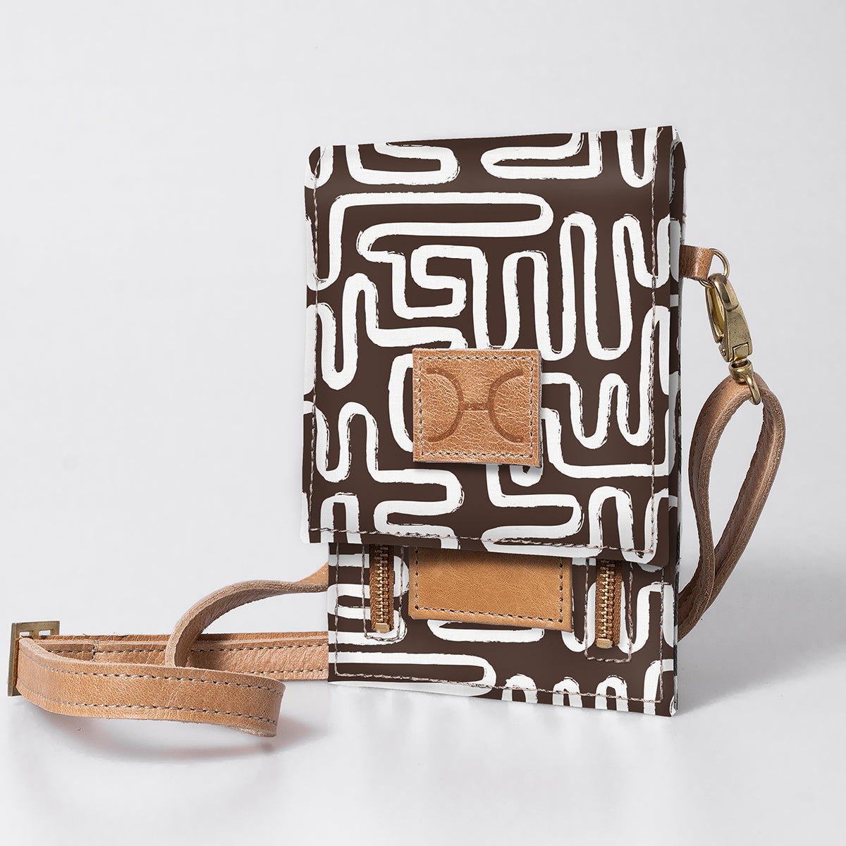 Urban Cellphone Sling | Laminated Fabric with Genuine Leather Geo - Black / Chunky Zip Ladies Large Wallet Fabric