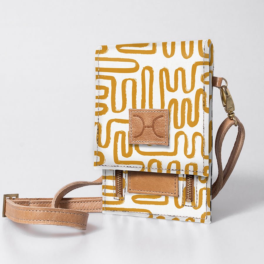 Urban Cellphone Sling | Laminated Fabric with Genuine Leather Geo - Sand / Chunky Zip Ladies Large Wallet Fabric