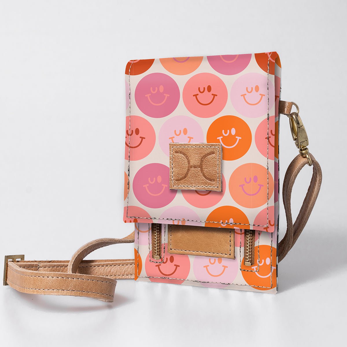 Urban Cellphone Sling | Laminated Fabric with Genuine Leather Smiley - Blush / Chunky Zip Ladies Large Wallet Fabric