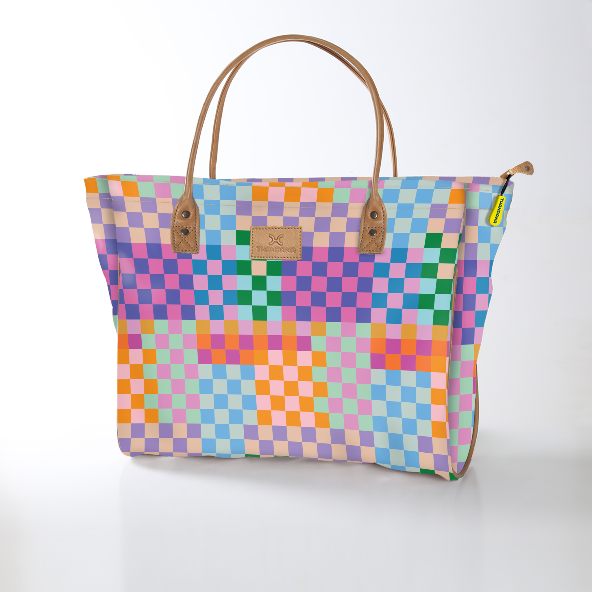 Utility Shopper Bag | Laminated Fabric with Genuine Leather Checker - Preppy / Chunky Zip Utility Shopper Bag