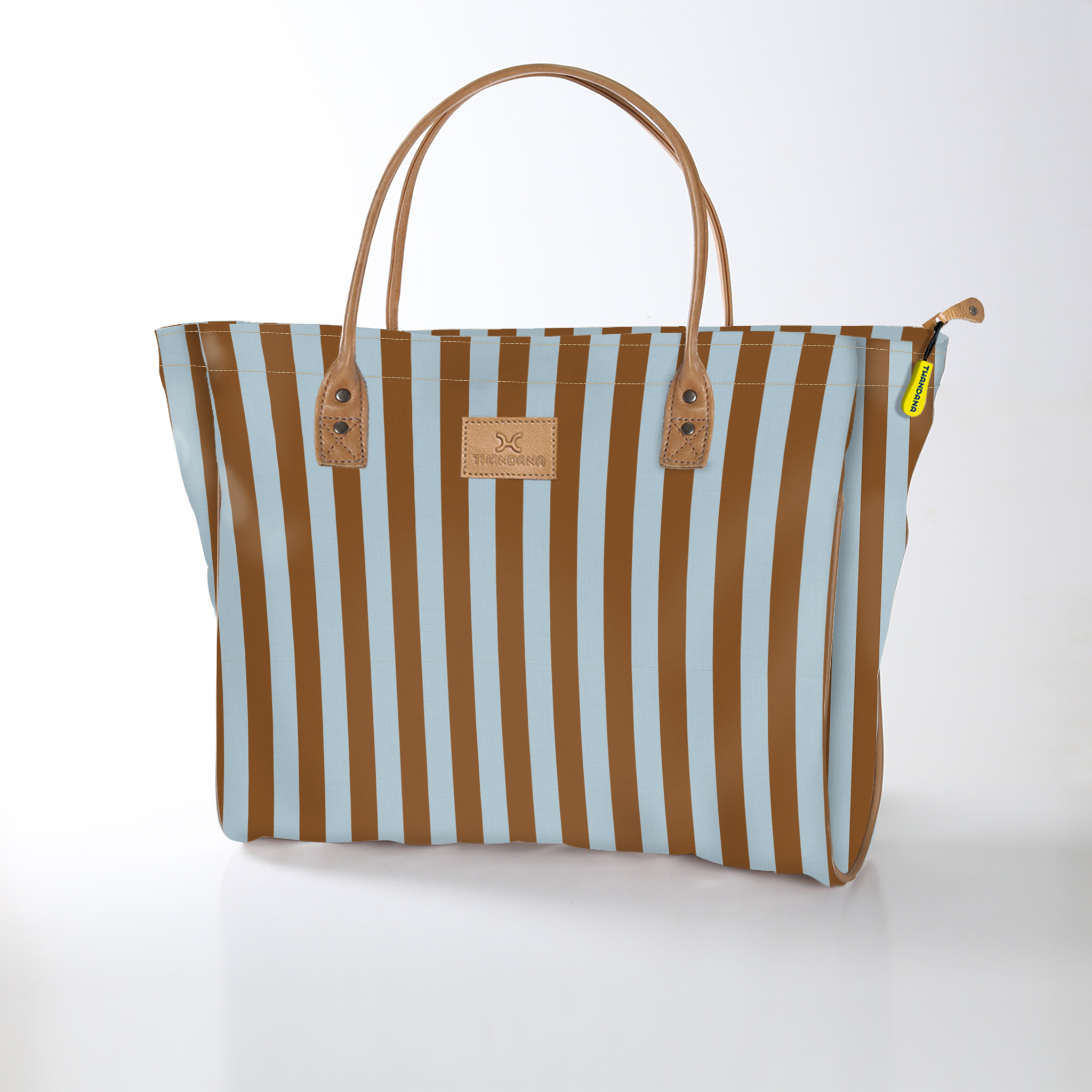 Utility Shopper Bag | Laminated Fabric with Genuine Leather Coastal Stripe - Blue / Chunky Zip Utility Shopper Bag