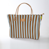 Utility Shopper Bag | Laminated Fabric with Genuine Leather Coastal Stripe - Blue / Chunky Zip Utility Shopper Bag