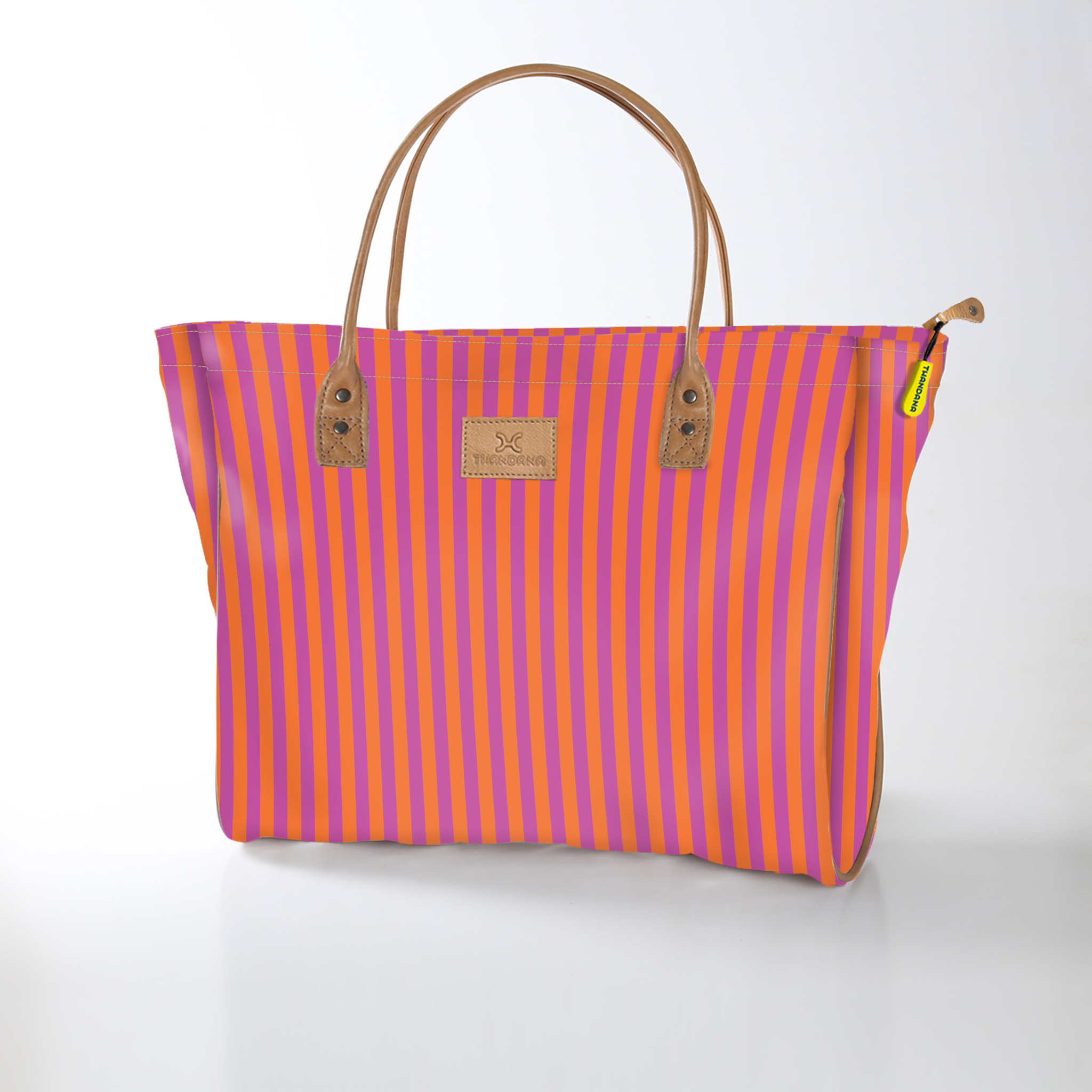 Utility Shopper Bag | Laminated Fabric with Genuine Leather Linear - Preppy / Chunky Zip Utility Shopper Bag by Thandana