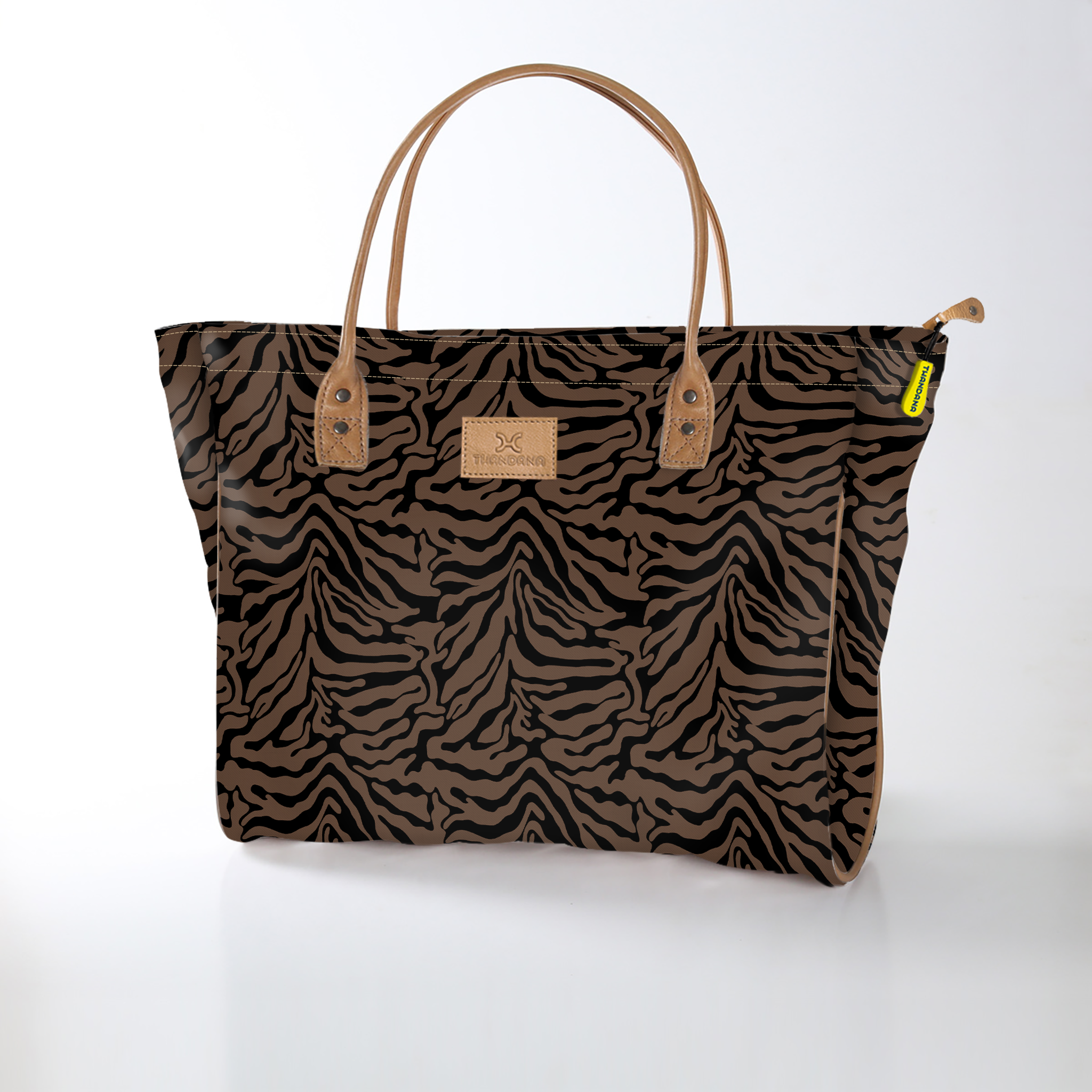 Utility Shopper Bag | Laminated Fabric with Genuine Leather Nomad Stripe - Coffee / Chunky Zip Utility Shopper Bag