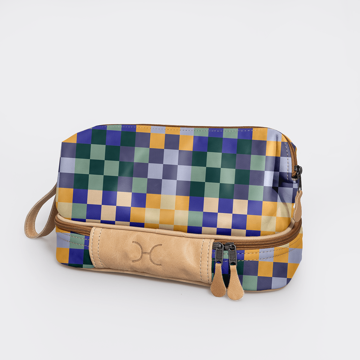 Wash Bag | Laminated Fabric with Genuine Leather Checker - Jet Vanity Fabric by Thandana