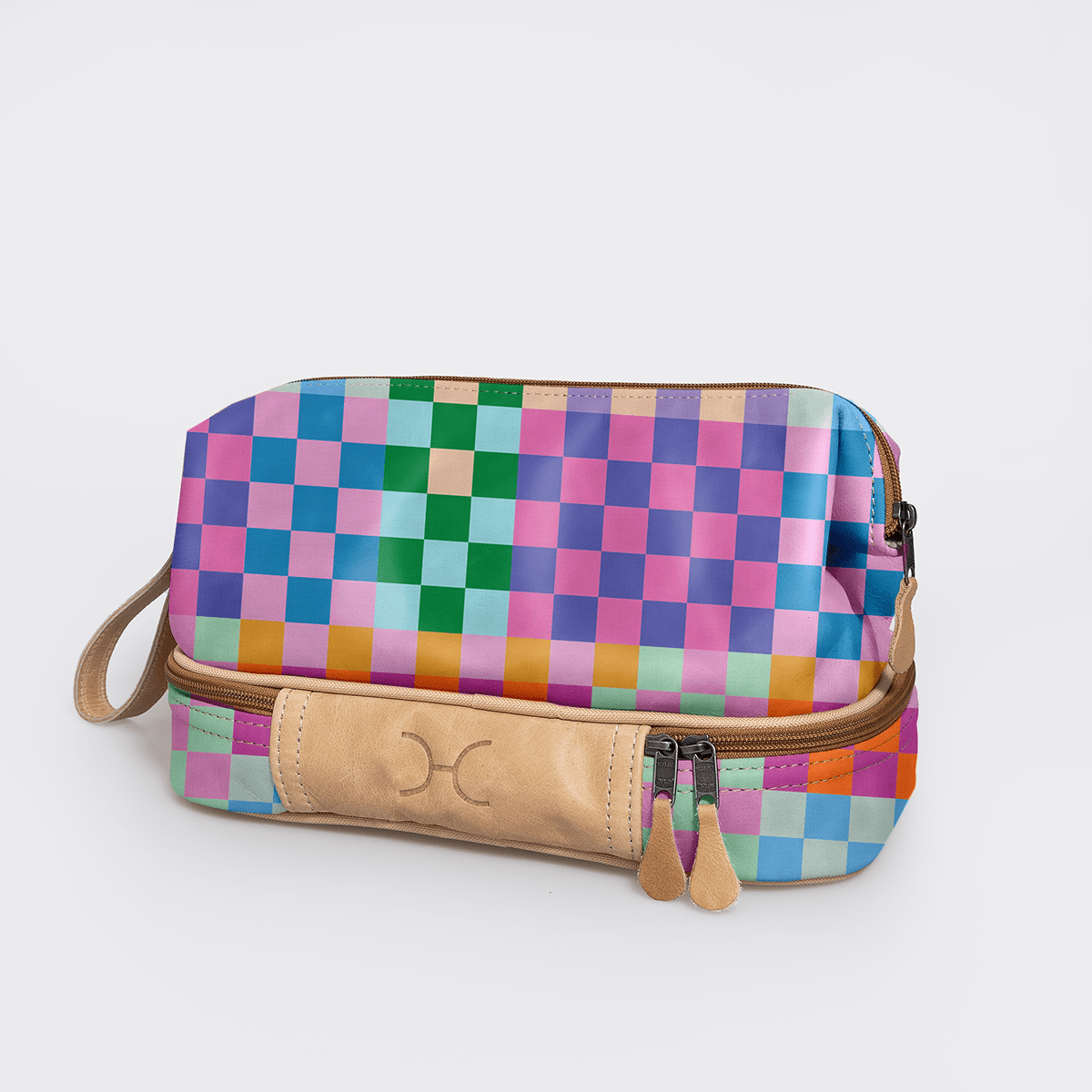 Wash Bag | Laminated Fabric with Genuine Leather Checker - Preppy Vanity Fabric by Thandana