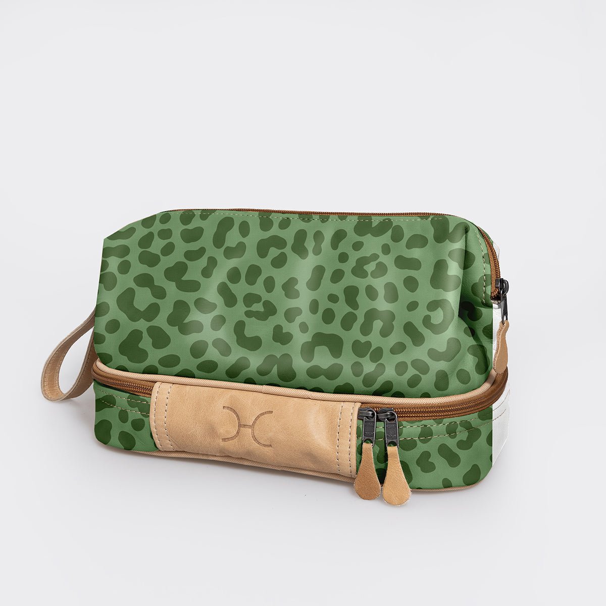 Wash Bag | Laminated Fabric with Genuine Leather Cheetah - Olive Vanity Fabric by Thandana