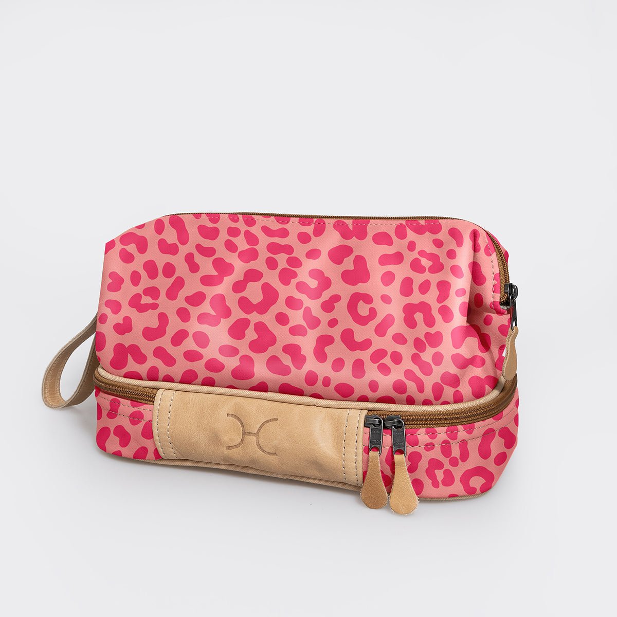 Wash Bag | Laminated Fabric with Genuine Leather Cheetah - Pink Vanity Fabric by Thandana