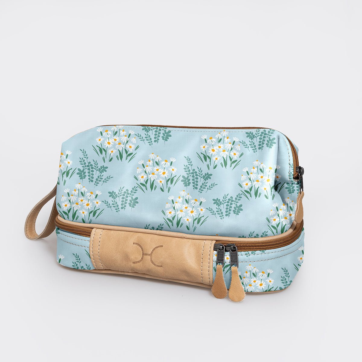 Wash Bag | Laminated Fabric with Genuine Leather Crazy Daisy - Sage Vanity Fabric by Thandana