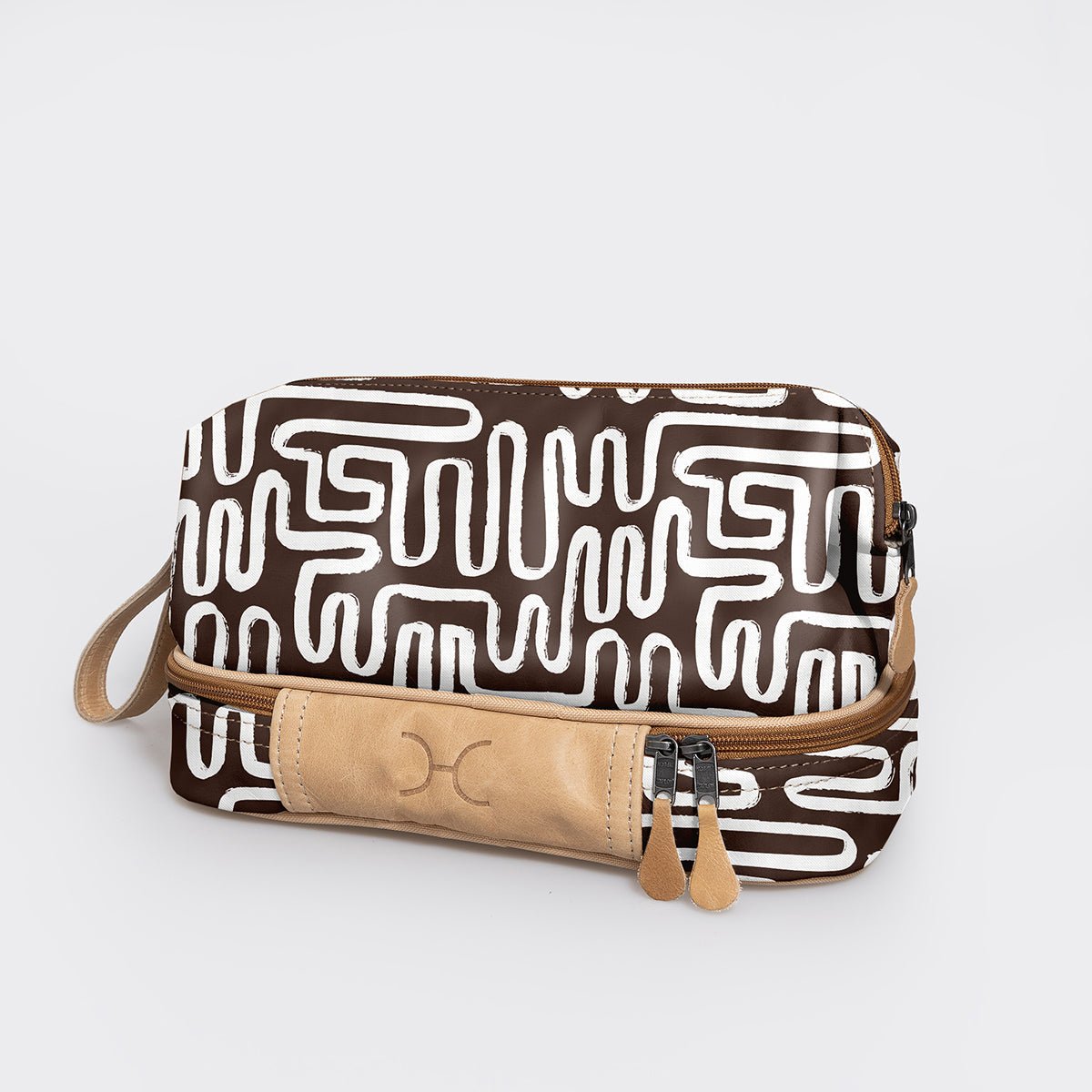 Wash Bag | Laminated Fabric with Genuine Leather Geo - Black Vanity Fabric by Thandana