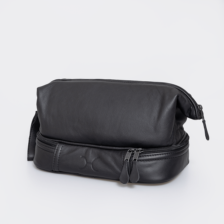 Wash Bag Unisex | Genuine Leather Black Leather Vanity Bag by Thandana