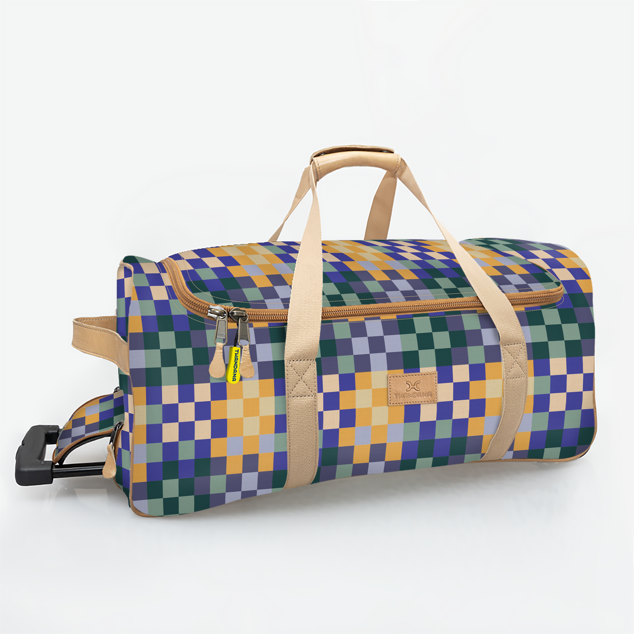 Wheelie Travel Bag | Laminated Fabric with Genuine Leather Checker - Jet Large Weekender Luggage Bag by Thandana