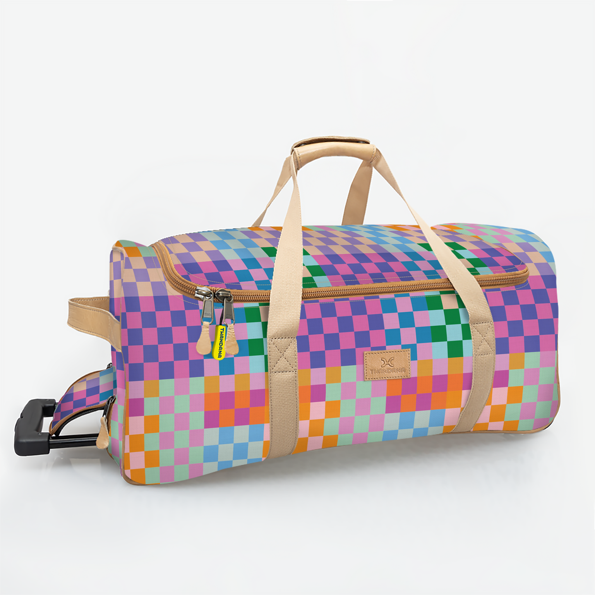 Wheelie Travel Bag | Laminated Fabric with Genuine Leather Checker - Preppy Large Weekender Luggage Bag by Thandana