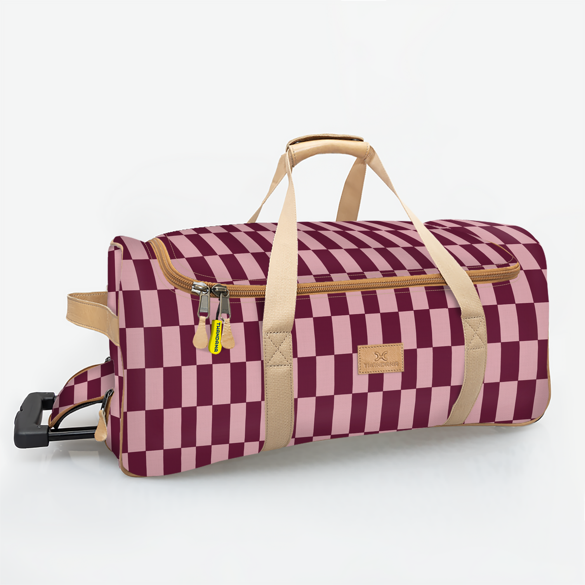 Wheelie Travel Bag | Laminated Fabric with Genuine Leather Checkmate - Cherry Large Weekender Luggage Bag by Thandana