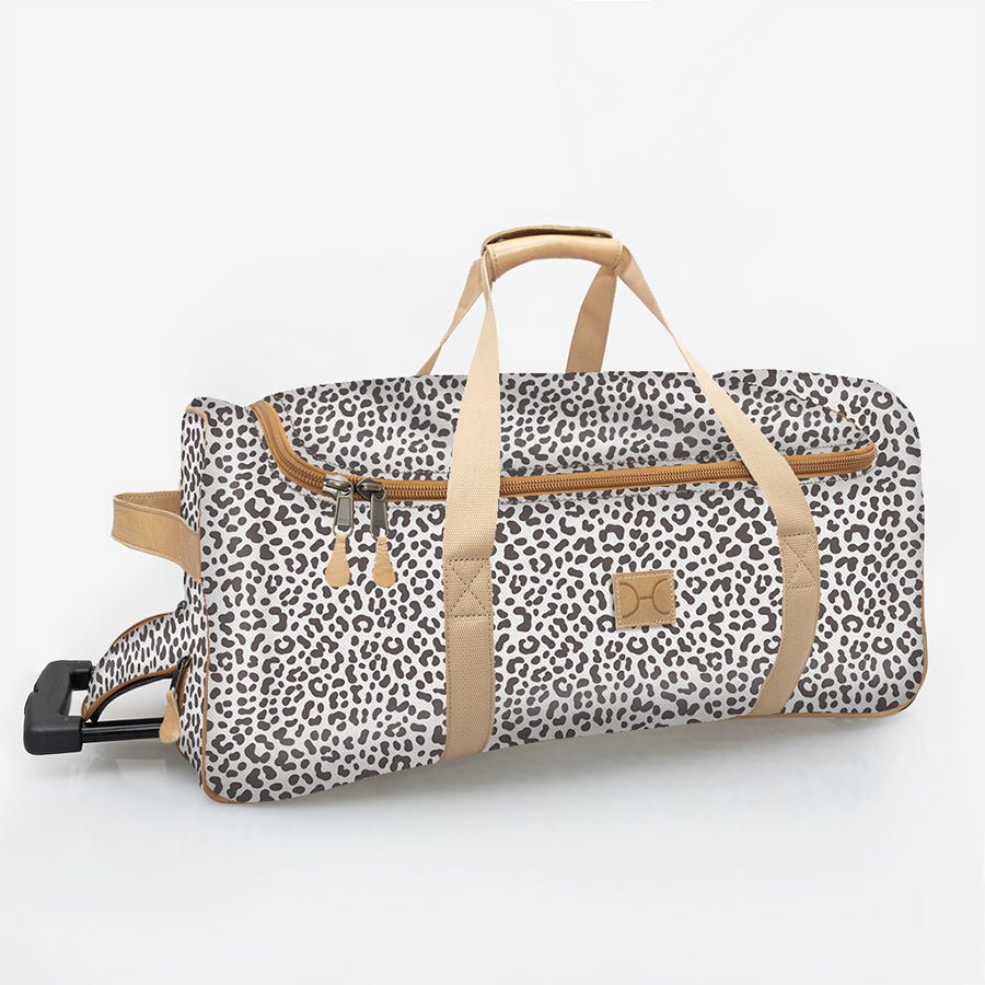 Wheelie Travel Bag | Laminated Fabric with Genuine Leather Cheetah - White Large Weekender Luggage Bag by Thandana