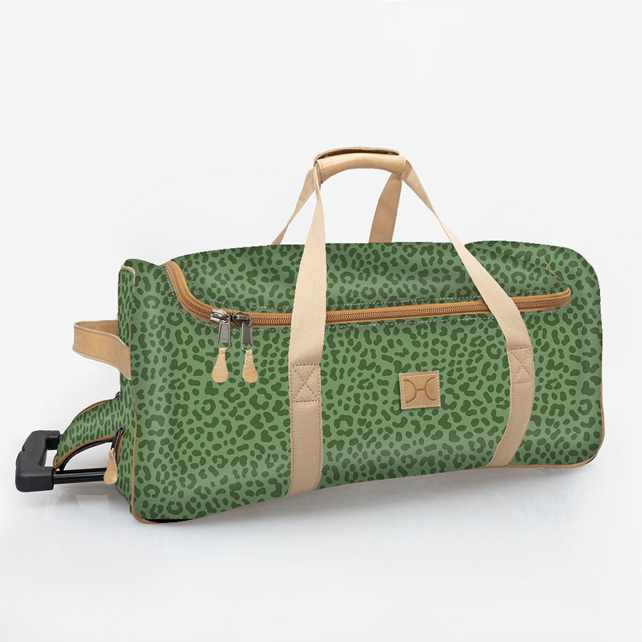 Wheelie Travel Bag | Laminated Fabric with Genuine Leather Cheetah - Olive Large Weekender Luggage Bag by Thandana
