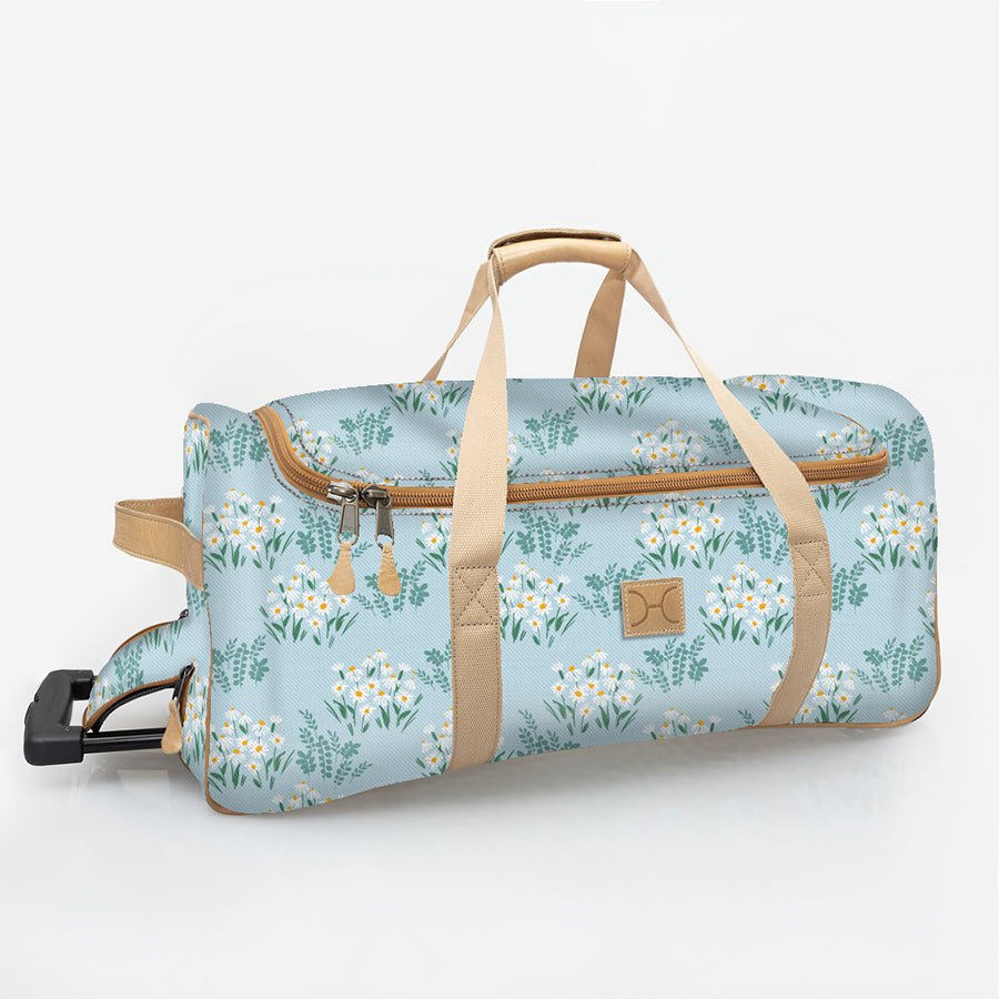 Wheelie Travel Bag | Laminated Fabric with Genuine Leather Crazy Daisy - Sage Large Weekender Luggage Bag by Thandana