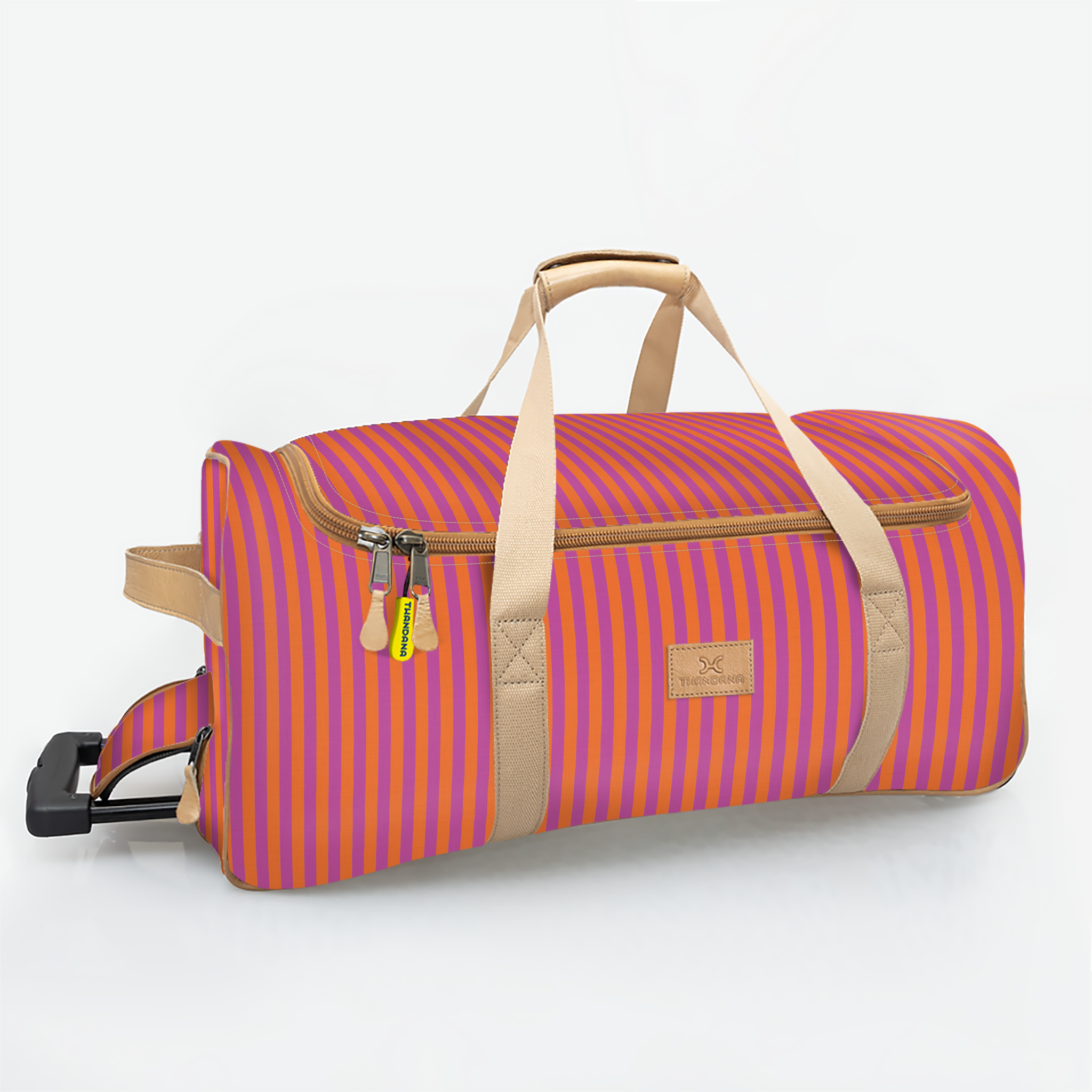 Wheelie Travel Bag | Laminated Fabric with Genuine Leather Linear - Preppy Large Weekender Luggage Bag by Thandana
