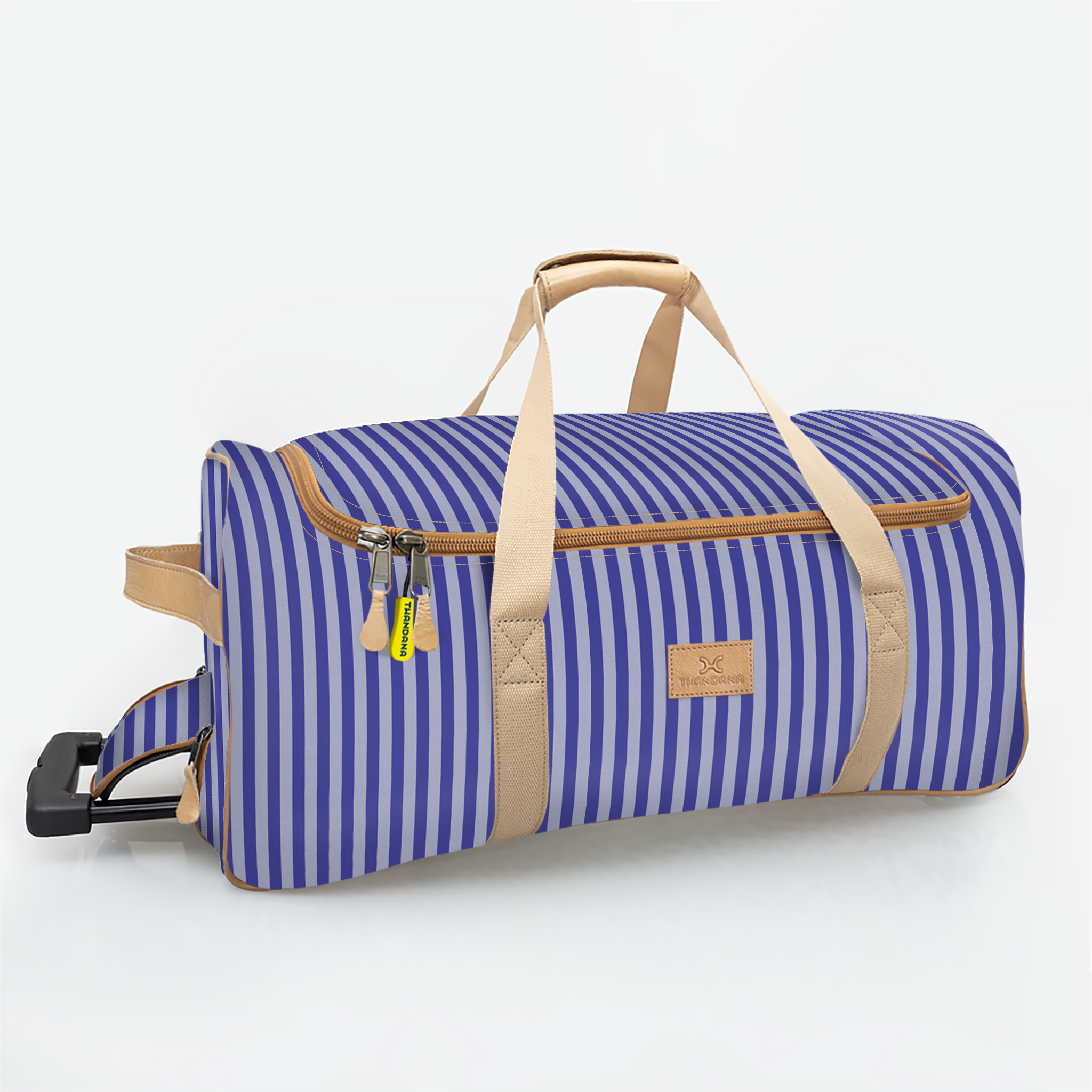 Wheelie Travel Bag | Laminated Fabric with Genuine Leather Linear - Jet Large Weekender Luggage Bag by Thandana