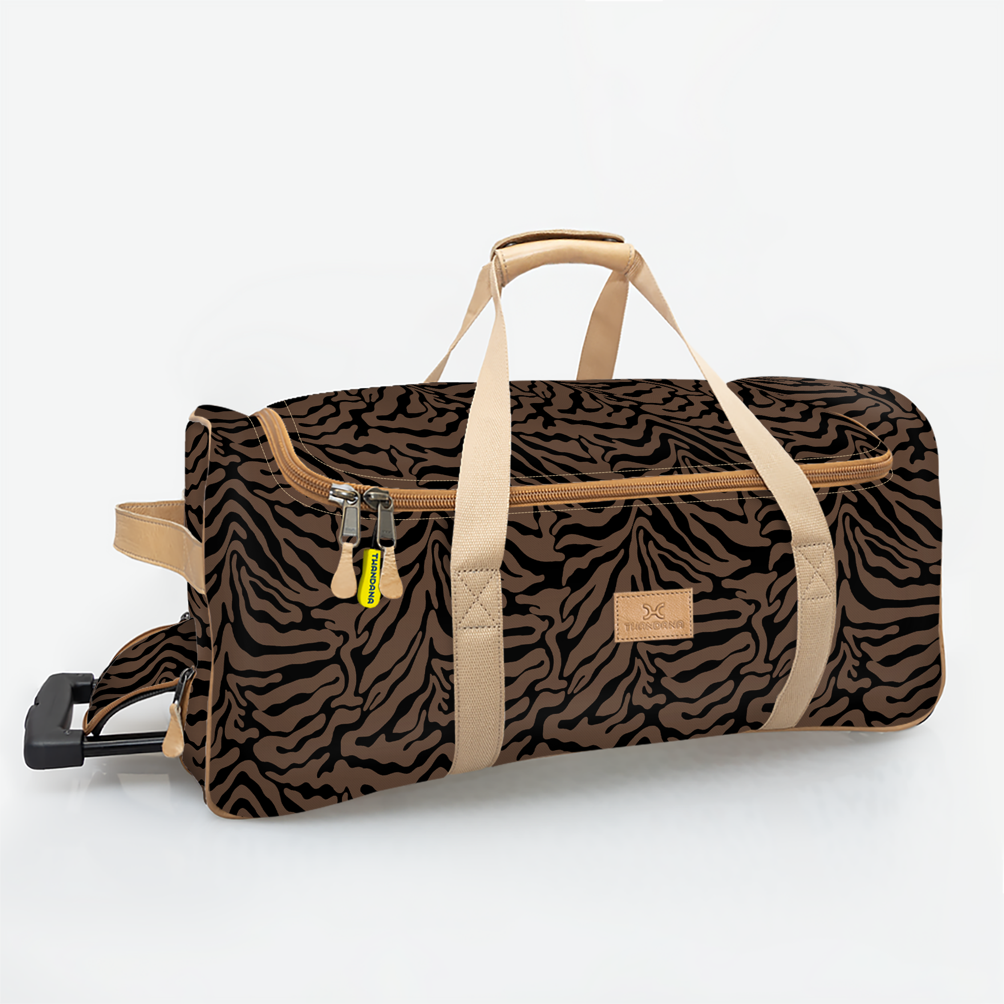 Wheelie Travel Bag | Laminated Fabric with Genuine Leather Nomad Stripe - Coffee Large Weekender Luggage Bag by Thandana