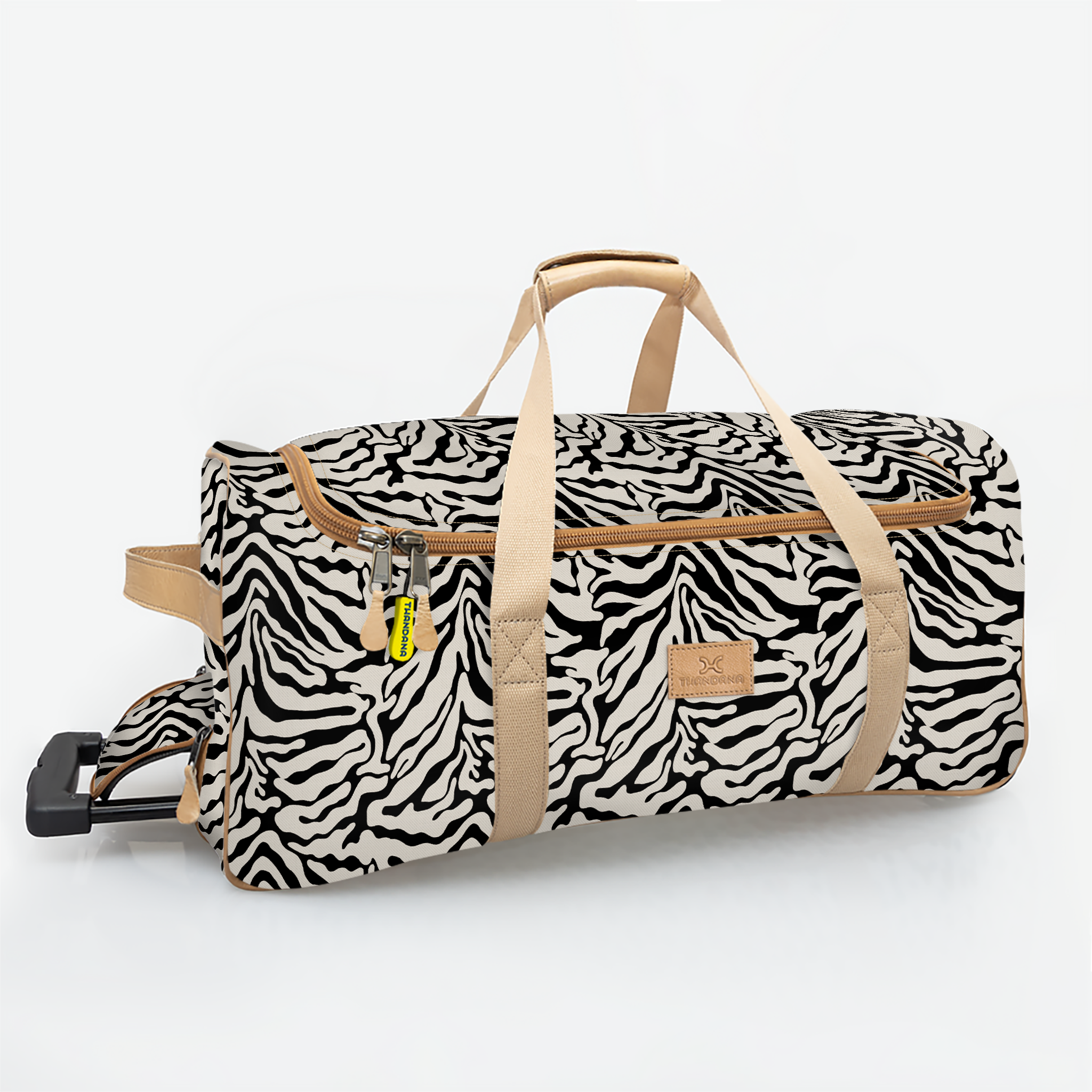Wheelie Travel Bag | Laminated Fabric with Genuine Leather Nomad Stripe - Pitch Large Weekender Luggage Bag by Thandana