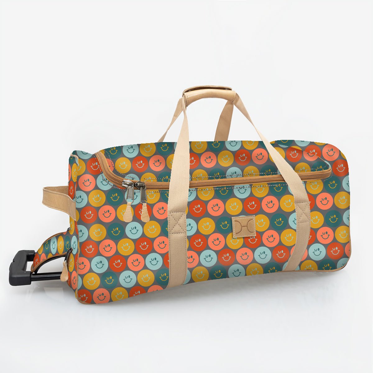 Wheelie Travel Bag | Laminated Fabric with Genuine Leather Smiley - Jet Large Weekender Luggage Bag by Thandana