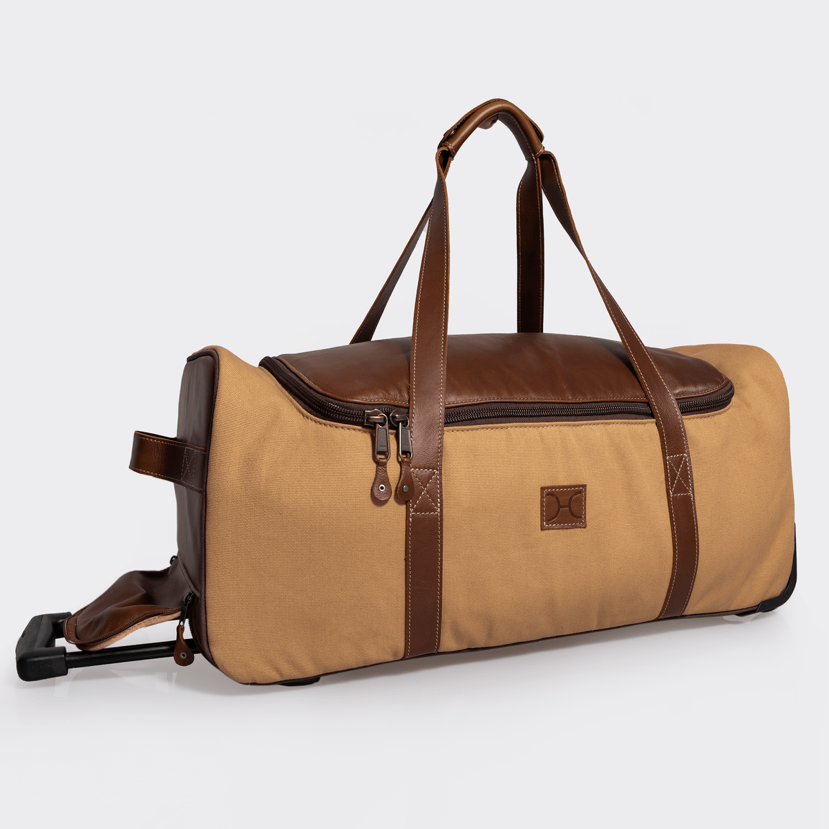 Wheelie Travel Bag | Wax Canvas with Genuine Leather Camel Canvas with Tobac Leather Large Weekender Luggage Bag