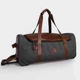 Wheelie Travel Bag | Wax Canvas with Genuine Leather Charcoal Canvas with Tobac Leather Large Weekender Luggage Bag