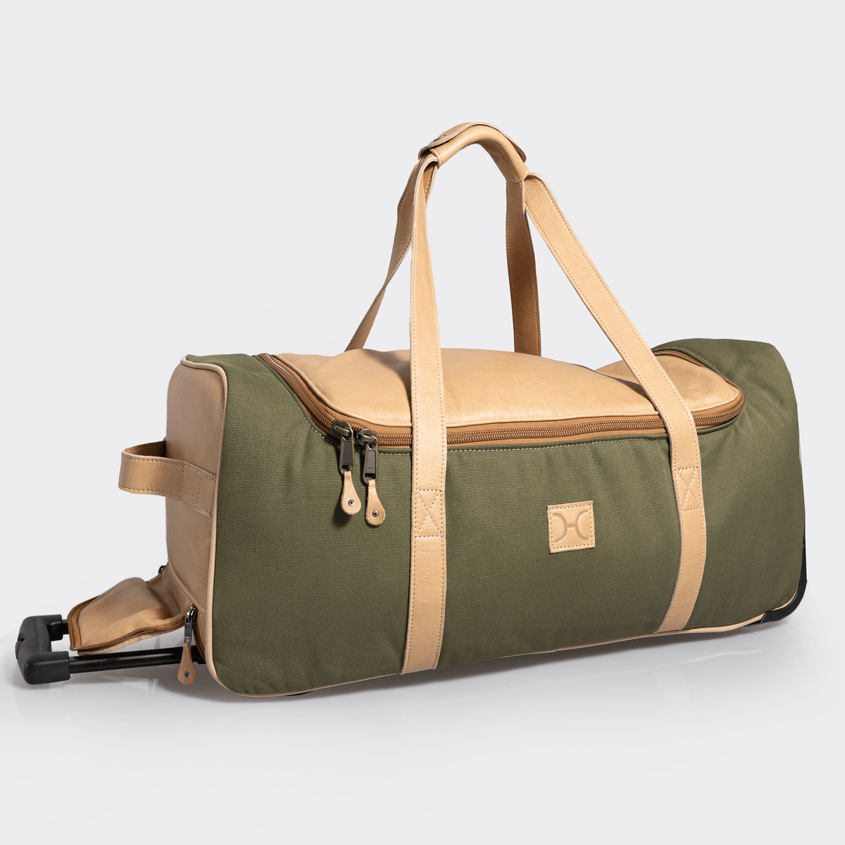 Wheelie Travel Bag | Wax Canvas with Genuine Leather Sage Canvas with Hazelnut Leather Large Weekender Luggage Bag