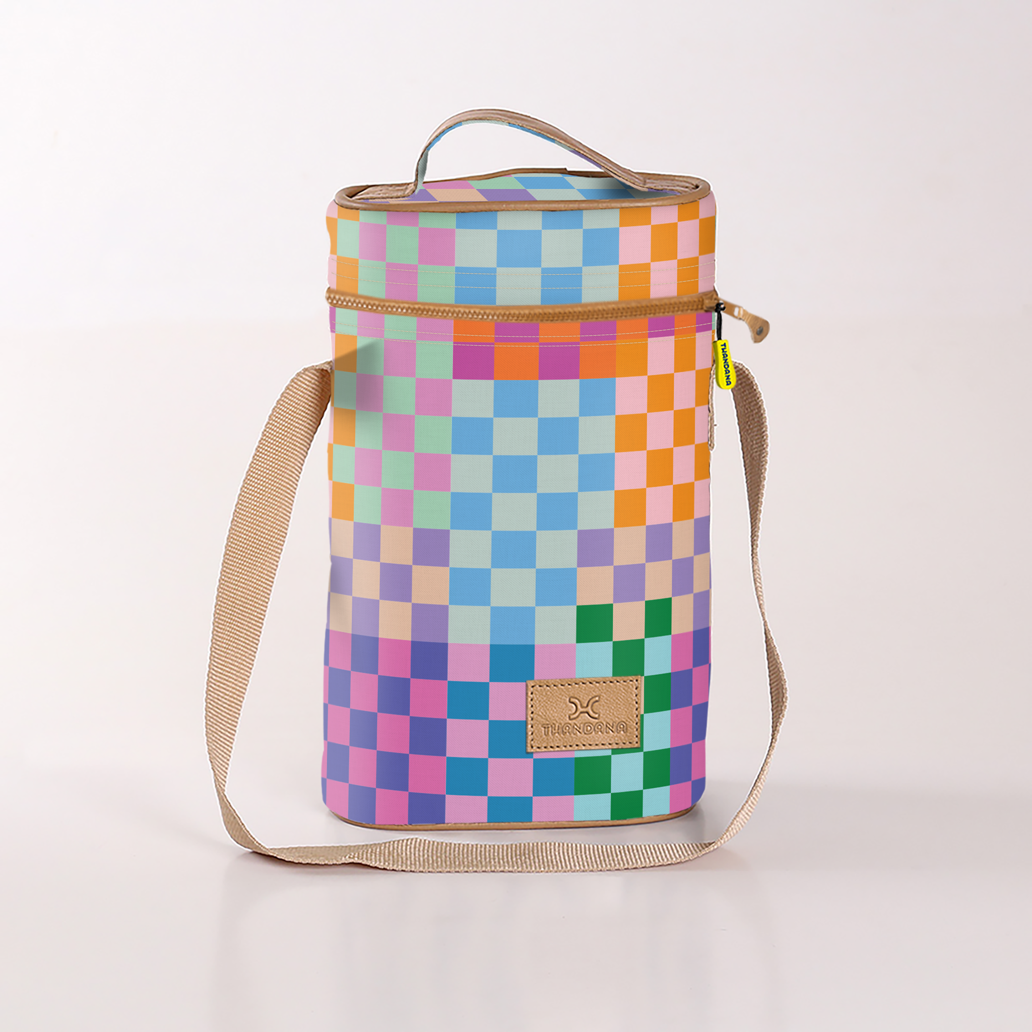 Wine Cooler Double | Laminated Fabric with Genuine Leather Checker - Preppy Beverage Cooler Fabric Bag by Thandana