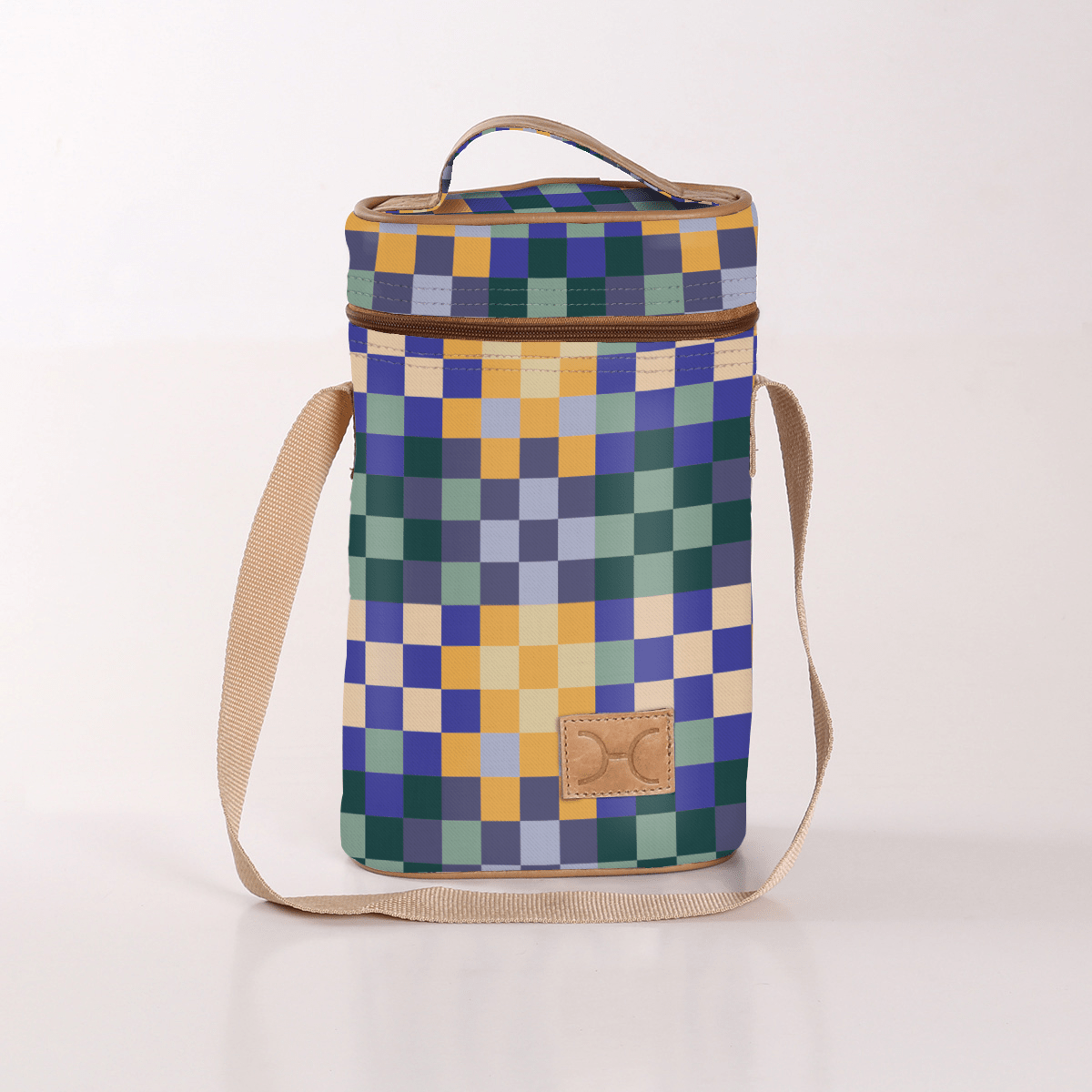 Wine Cooler Double | Laminated Fabric with Genuine Leather Checker - Jet Beverage Cooler Fabric Bag by Thandana