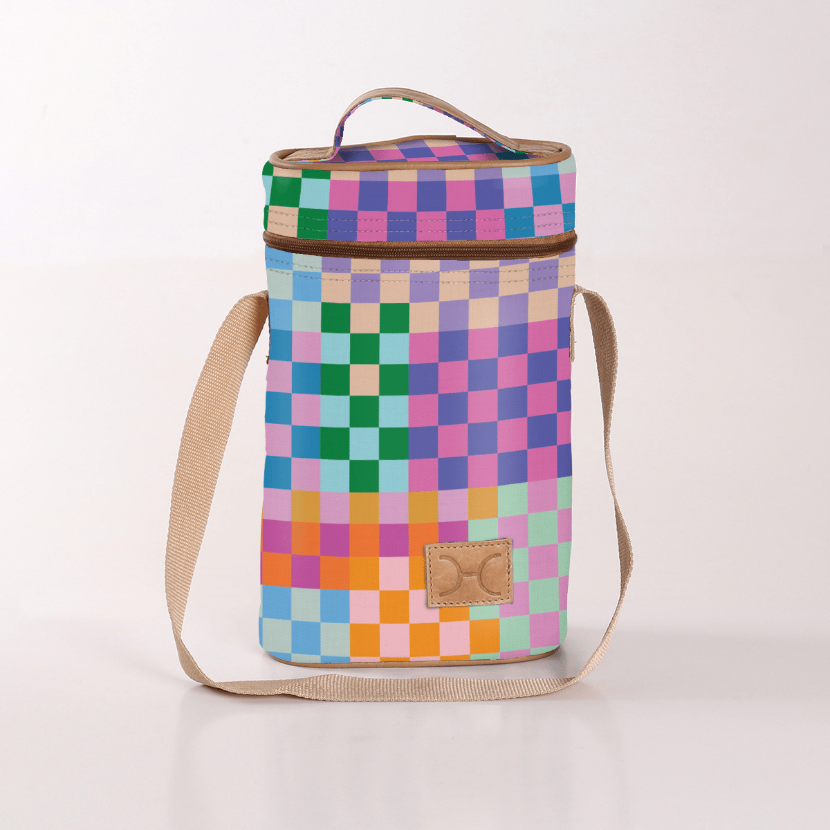 Wine Cooler Double | Laminated Fabric with Genuine Leather Checker - Preppy Beverage Cooler Fabric Bag by Thandana
