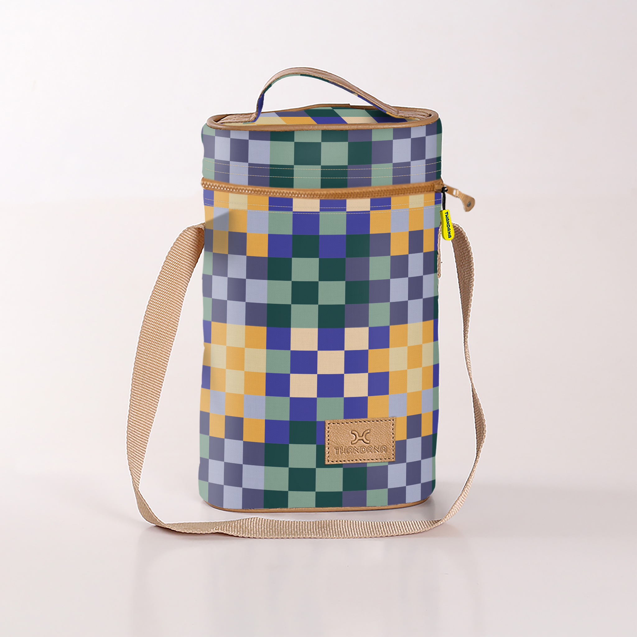 Wine Cooler Double | Laminated Fabric with Genuine Leather Checker - Jet Beverage Cooler Fabric Bag by Thandana
