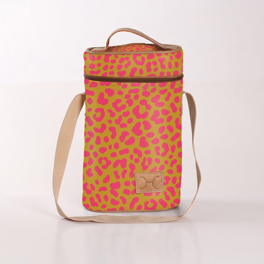Wine Cooler Double | Laminated Fabric with Genuine Leather Cheetah - Preppy Beverage Cooler Fabric Bag by Thandana
