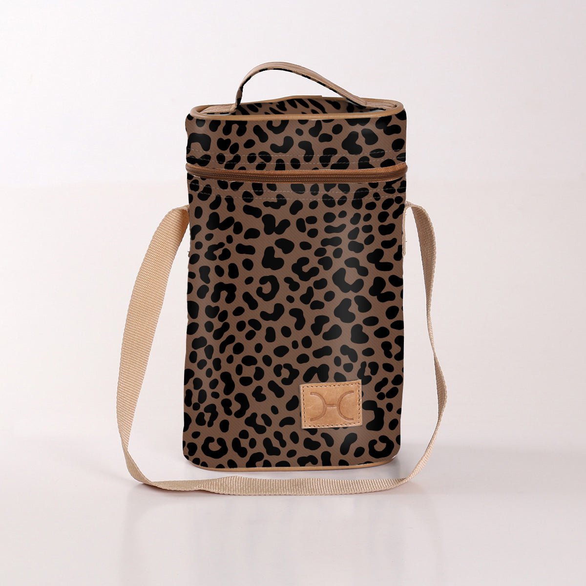 Wine Cooler Double | Laminated Fabric with Genuine Leather Cheetah - Coffee Beverage Cooler Fabric Bag by Thandana