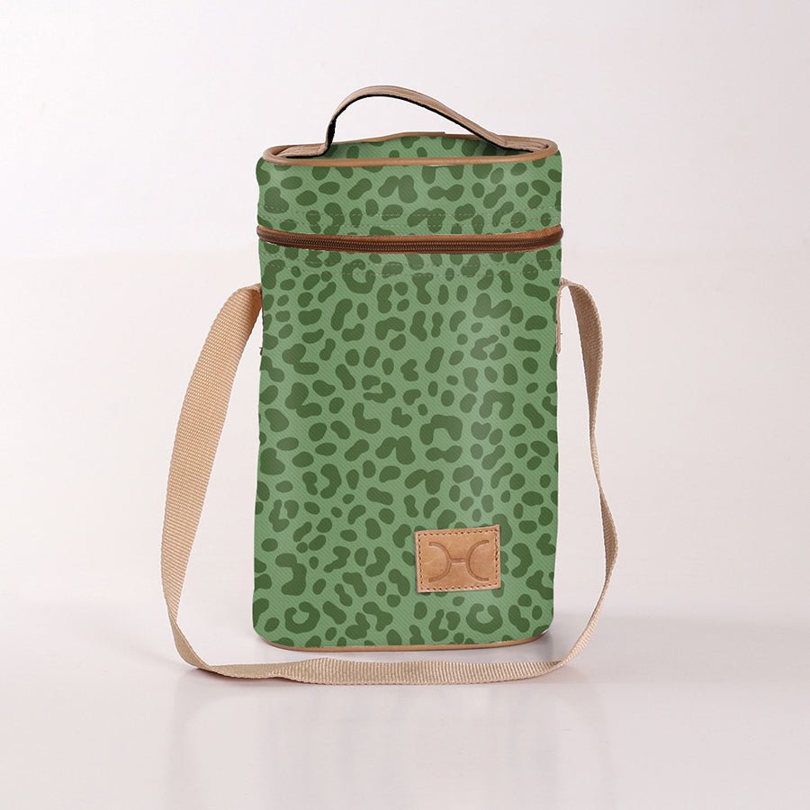 Wine Cooler Double | Laminated Fabric with Genuine Leather Cheetah - Olive Beverage Cooler Fabric Bag by Thandana