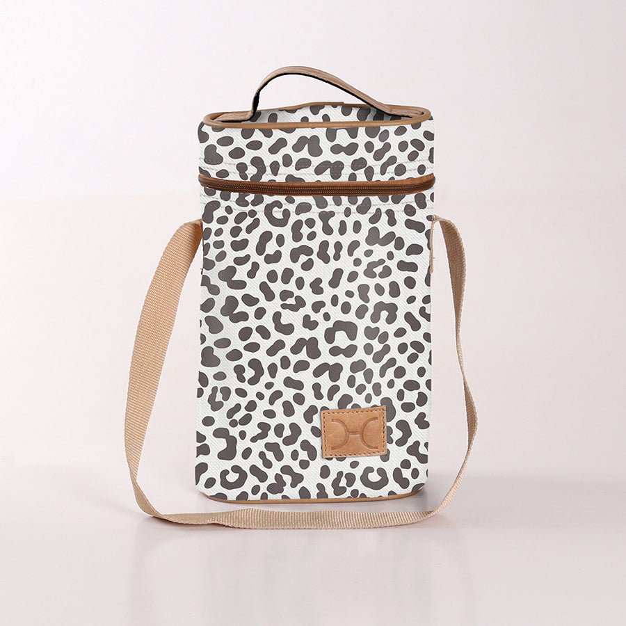 Wine Cooler Double | Laminated Fabric with Genuine Leather Cheetah - White Beverage Cooler Fabric Bag by Thandana